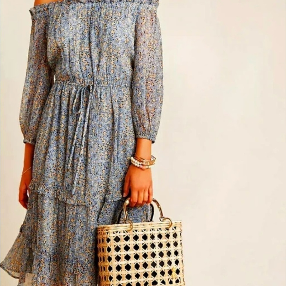 Anthropologie Kira Off-Shoulder Dress Blue White Floral Metallic Stripe Midi 4